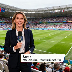 Sarah，资深足球记者，世界杯现场报道经验
